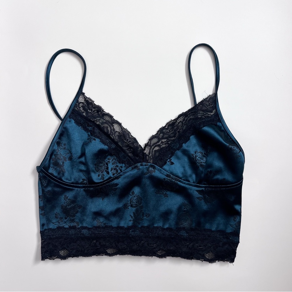 Navy Satin Lace Cropped Tank